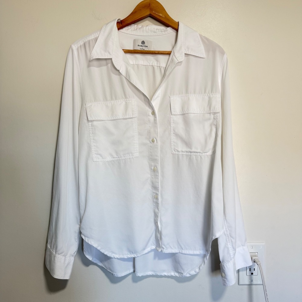 Babaton Utility Button Up Shirt Womens L White Roll Tab Sleeve Blouse